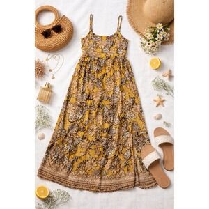 Evereve Womens Yellow Floral Rayon Maxi‎ Dress Smocked Back Slit Small